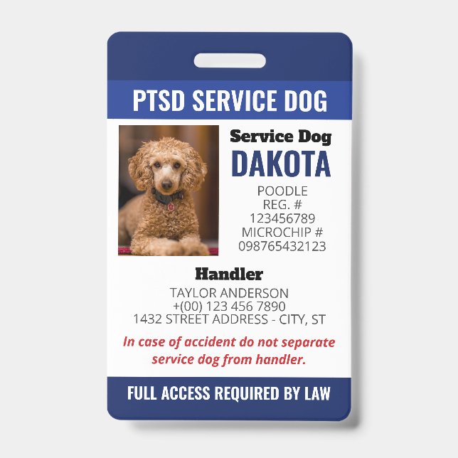 Tarjeta De Identificación Blue PTSD Service Dog Logo QR Code ID Foto (Parte frontal)