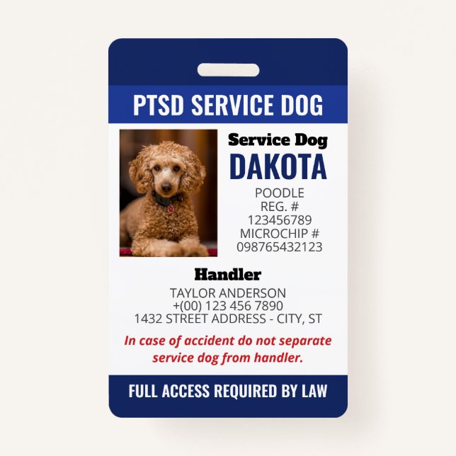 Tarjeta De Identificación Blue PTSD Service Dog Logo QR Code ID Foto (Anverso)