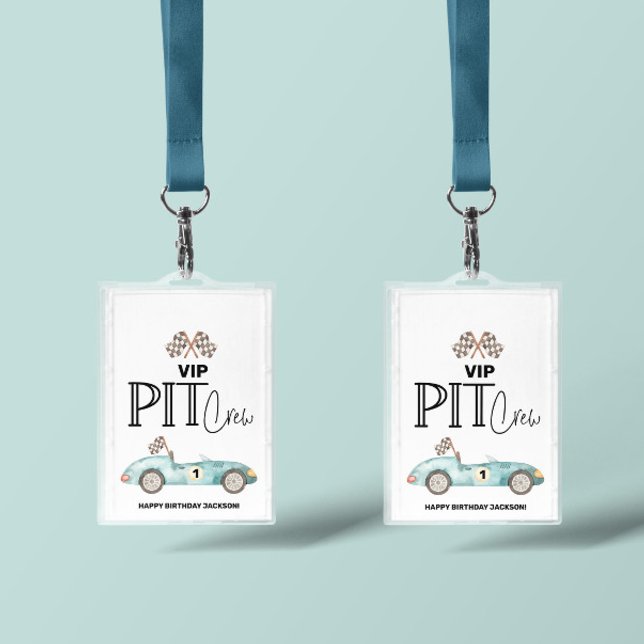Tarjeta De Identificación Blue Race car Birthday, any age, VIP PIT CREW (VIP Pit crew race car passes)
