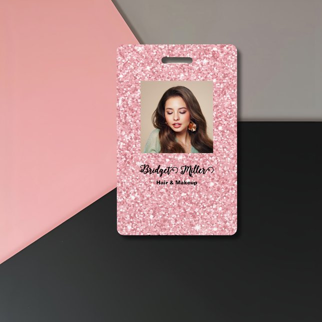 Tarjeta De Identificación Blush Glitter hair salon elegant script photo (Subido por el creador)
