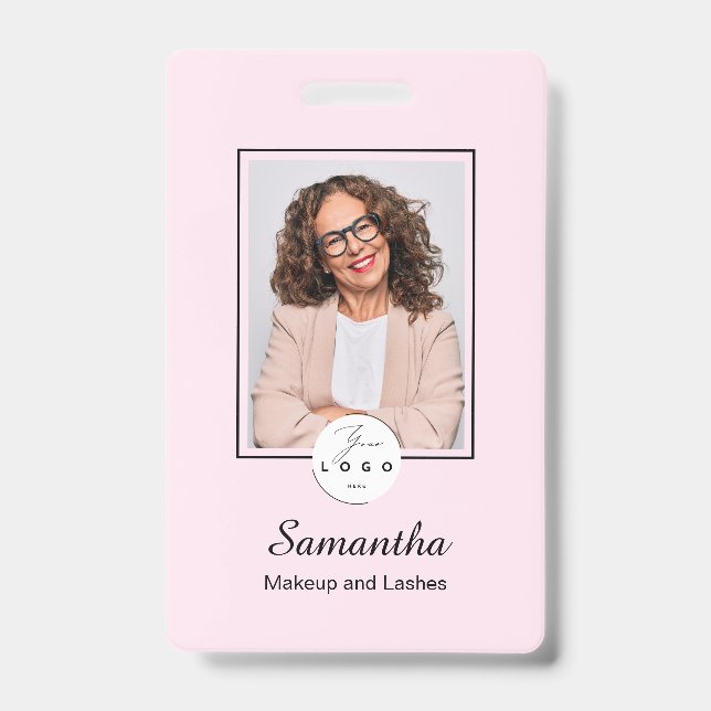 Tarjeta De Identificación Blush Pink Black Script Logo Photo Makeup (Parte frontal)