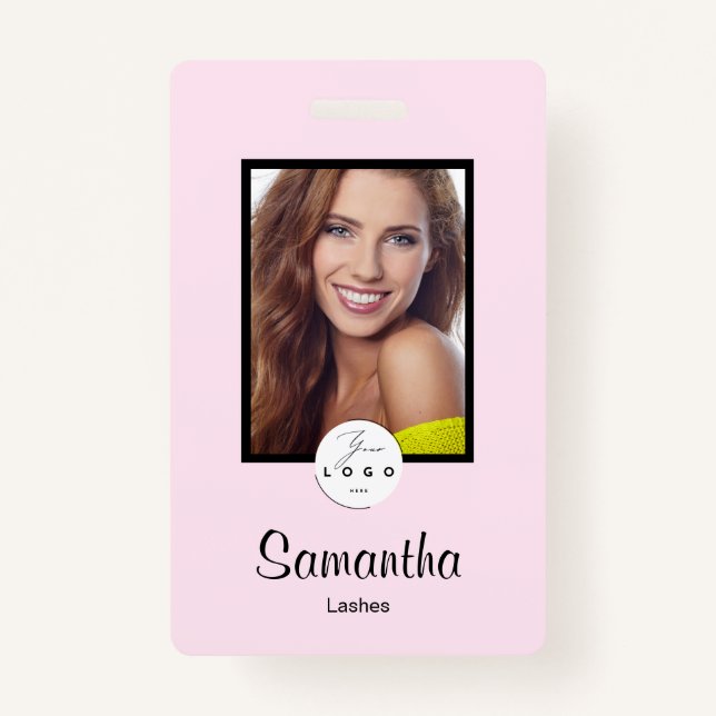 Tarjeta De Identificación Blush Pink Black Script Logo Photo Makeup Badge (Anverso)
