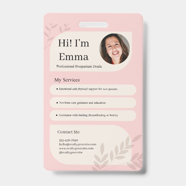 Tarjeta De Identificación Blush Pink Postpartum Doula Professional Design (Parte frontal)