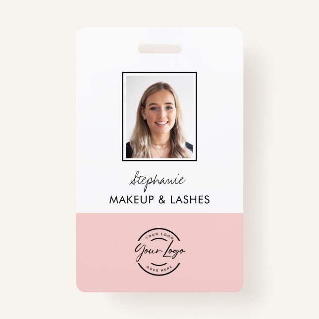 Tarjeta De Identificación Blush Pink Script Logo Employee Photo Makeup (Anverso)