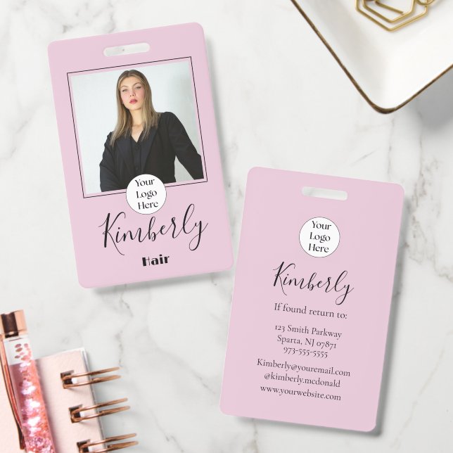 Tarjeta De Identificación Blush Pink Script Logo Foto cabello (Oficina)