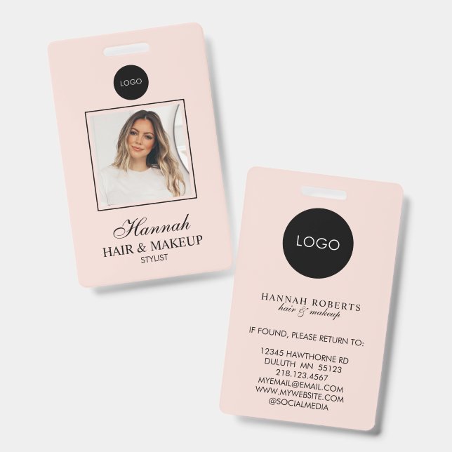 Tarjeta De Identificación Blush Pink Script Logo Hair Photo Makeup (Front & Back)
