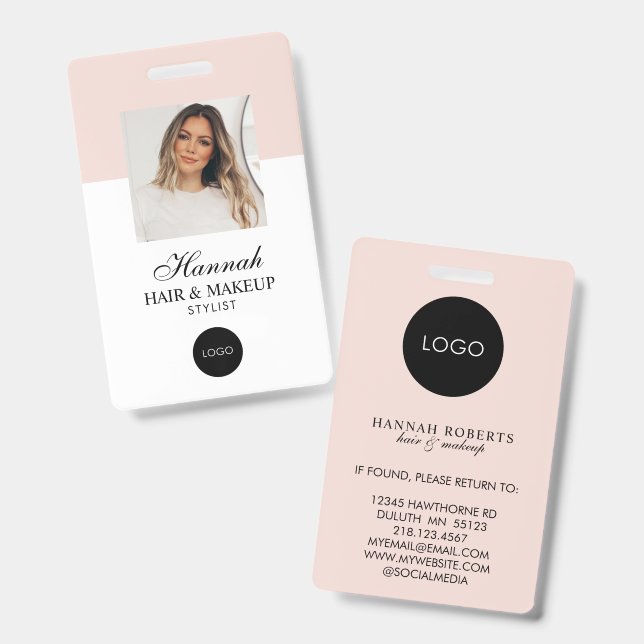Tarjeta De Identificación Blush Pink Script Logo Hair Photo Makeup Badge (Front & Back)