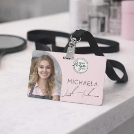 Tarjeta De Identificación Blush Pink Script Logo Photo Lash Technician