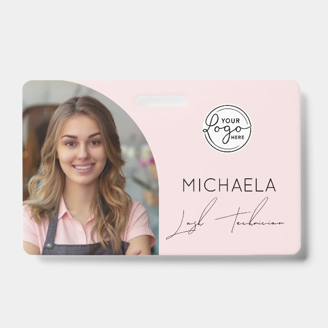 Tarjeta De Identificación Blush Pink Script Logo Photo Lash Technician (Parte frontal)