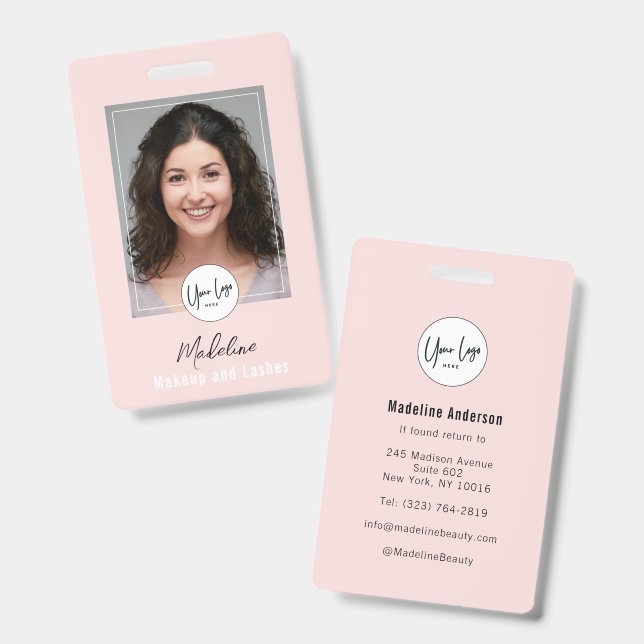 Tarjeta De Identificación Blush Pink Script Logo Photo Makeup (Parte frontal y trasera)