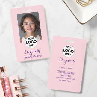 Tarjeta De Identificación Blush Pink Script Logo Photo Makeup