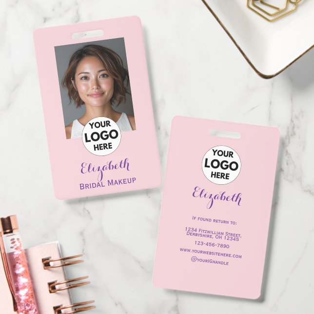 Tarjeta De Identificación Blush Pink Script Logo Photo Makeup (Oficina)