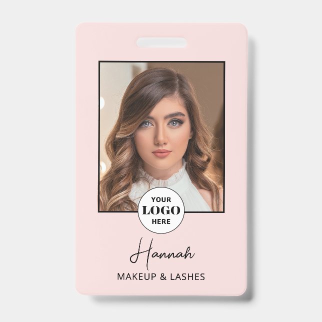 Tarjeta De Identificación Blush Pink Script Logo Photo Makeup (Anverso)