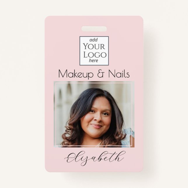 Tarjeta De Identificación Blush Pink Script Logo Photo Makeup (Anverso)