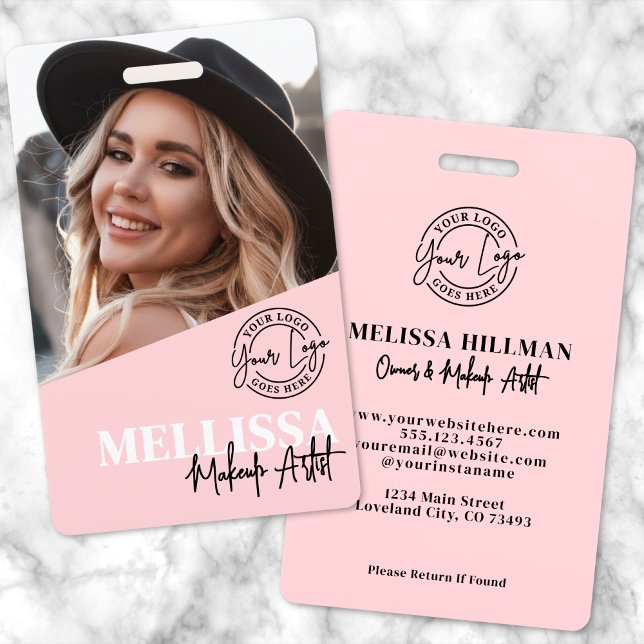 Tarjeta De Identificación Blush Pink Script Logo Photo Makeup (Blush Pink Script Logo Photo Makeup Badge)