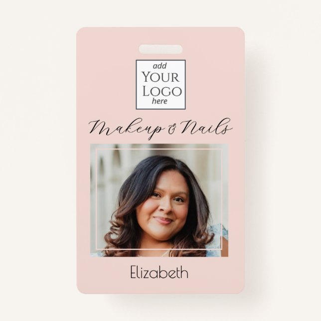 Tarjeta De Identificación Blush Pink Script Logo Photo Makeup (Anverso)