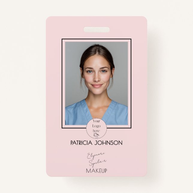 Tarjeta De Identificación Blush Pink Script Logo Photo Makeup (Anverso)