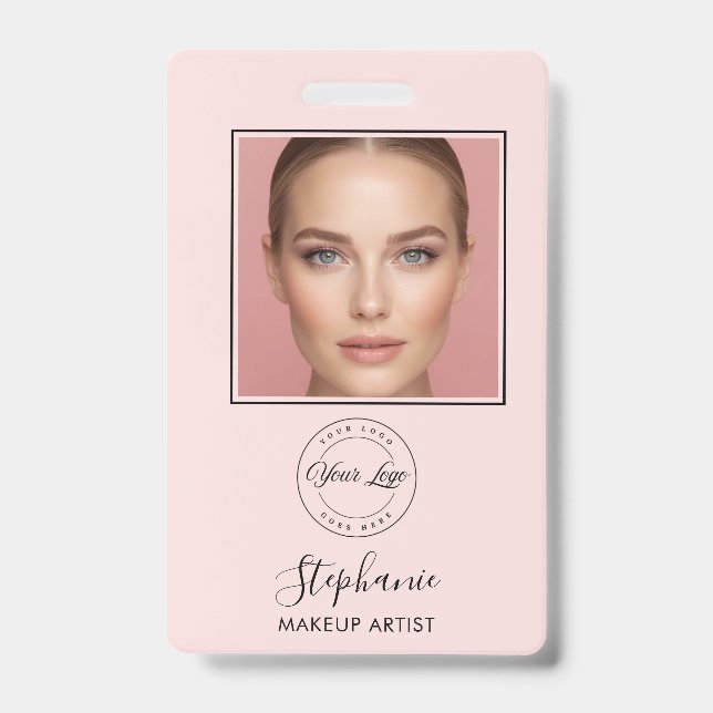 Tarjeta De Identificación Blush Pink Script Logo Photo Makeup (Anverso)