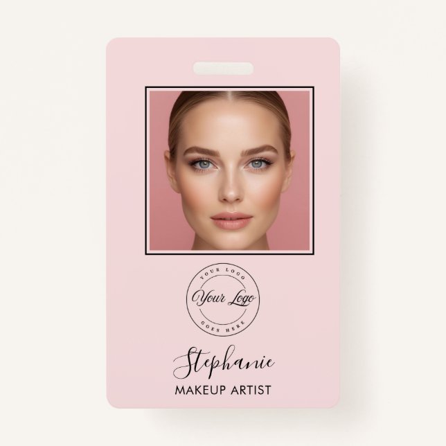 Tarjeta De Identificación Blush Pink Script Logo Photo Makeup (Anverso)
