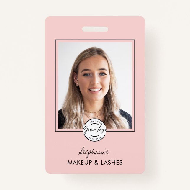 Tarjeta De Identificación Blush Pink Script Logo Photo Makeup (Anverso)