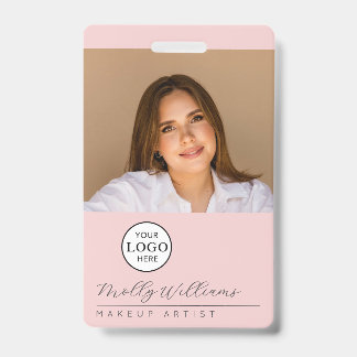 Tarjeta De Identificación Blush Pink Script Logo Photo Makeup Badge