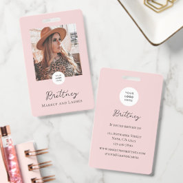 Tarjeta De Identificación Blush Pink Script Logo Photo Makeup Badge Custom