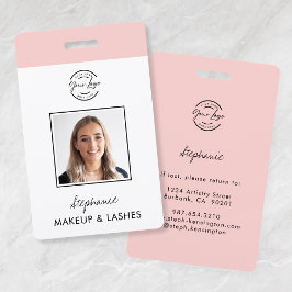 Tarjeta De Identificación Blush Pink Script Logo Photo Makeup Employee ID