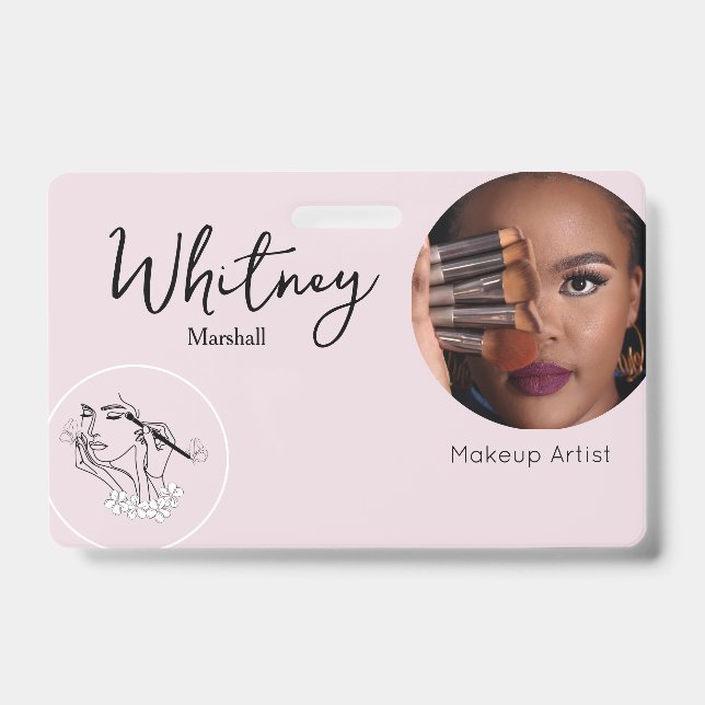 Tarjeta De Identificación Blush Pink Script Photo Logo Makeup Artist Name  (Anverso)