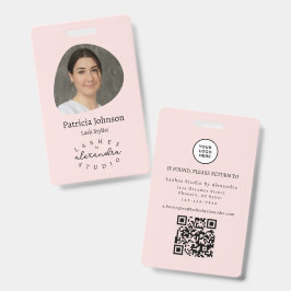 Tarjeta De Identificación Blush Rosa Script Negro Foto QR Pestañas Personal