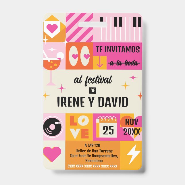 Tarjeta De Identificación Boda Festivalera Naranja y Rosa Retro WedFest (Parte frontal)