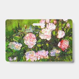 Tarjeta De Identificación Bodegón de girasoles de Van Gogh con rosas rosadas