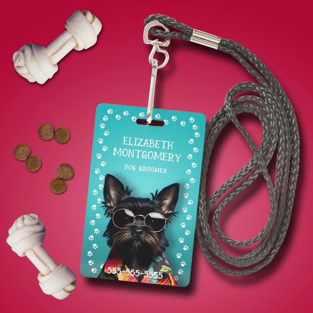 Tarjeta De Identificación Borde de impresión de la hoja de cálculo para perr (Dog Groomer Paw Print Border Identification Badge)