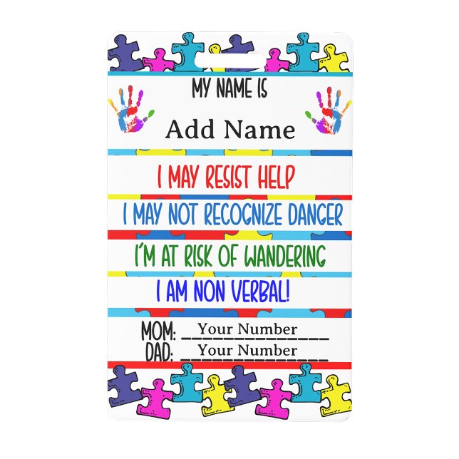 Tarjeta De Identificación Botón de contacto sin palabras de alerta de autism (Autism Alert Nonverbal Autistic Contact Badge)