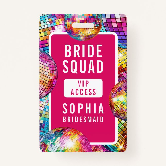 Tarjeta De Identificación Bride Squad VIP Disco Ball Photo Bachelorette (Anverso)