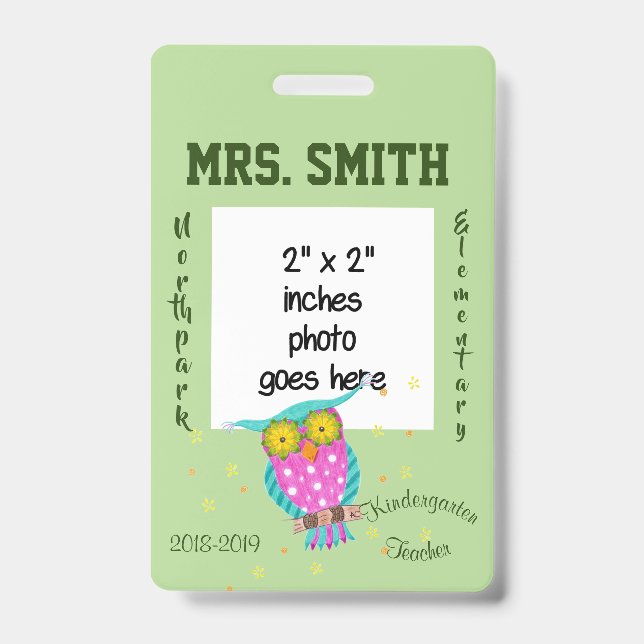 Tarjeta De Identificación Búho con ojos floridos, placa de identificación de (Parte frontal)