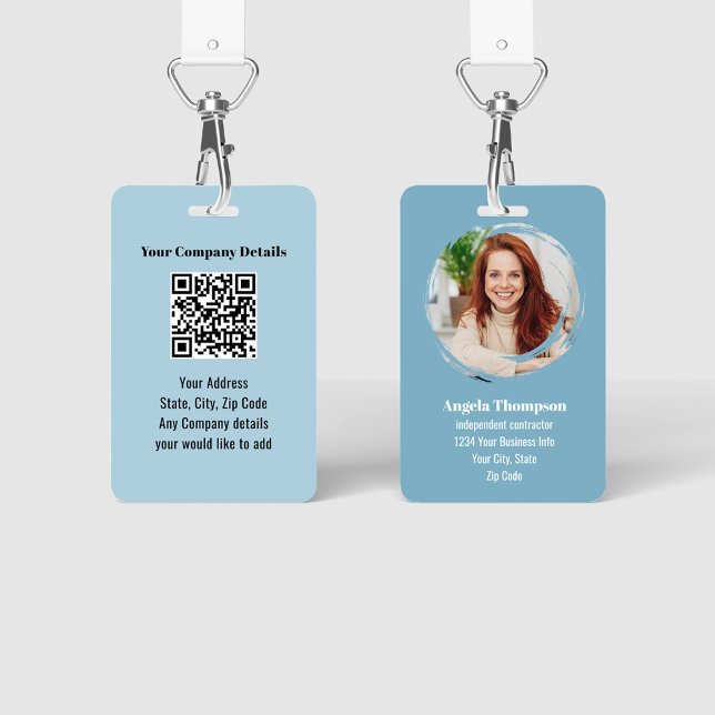 Tarjeta De Identificación Business Photo QR Code Blue Employee (Blue photo business ID Badge.)