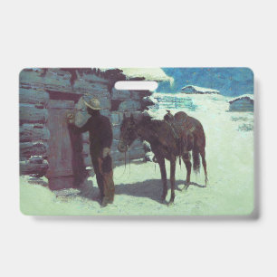 Tarjeta De Identificación Caballo y vaquero en nieve invernal