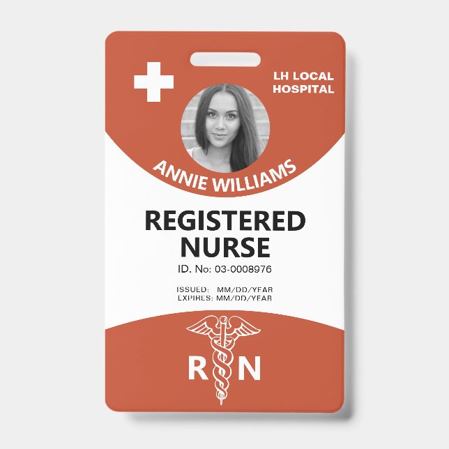 Tarjeta De Identificación Caduceo de enfermera registrada, foto en terracota (Parte frontal)