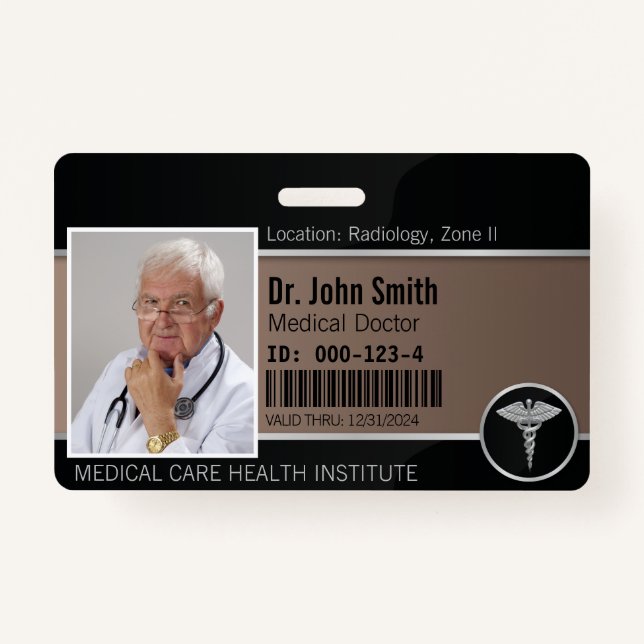 Tarjeta De Identificación Caduceto médico profesional plateado Foto ID (Anverso)