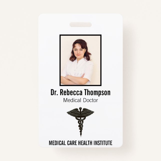 Tarjeta De Identificación Caduceto médico simple profesional foto negra (Anverso)