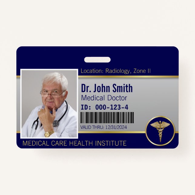 Tarjeta De Identificación Caduceus profesional médico Gold Blue Photo ID (Anverso)