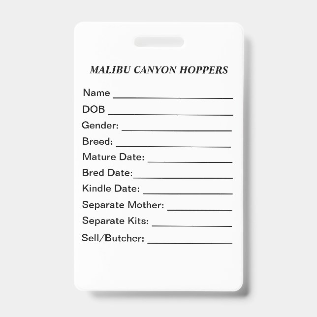 Tarjeta De Identificación Cage Tag (Anverso)