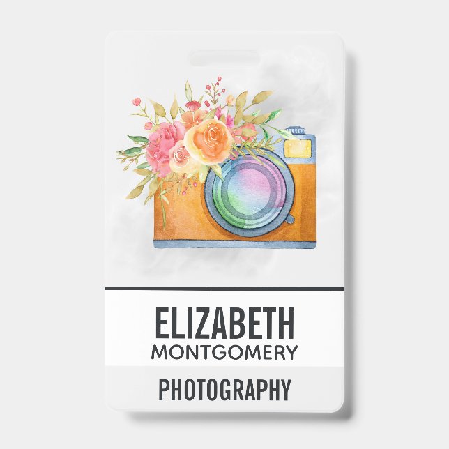 Tarjeta De Identificación Cámara Boho Naranja y acuarela con buquet floral (Parte frontal)