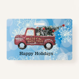 Tarjeta De Identificación camión de cosecha roja sobre fondo de copo de niev