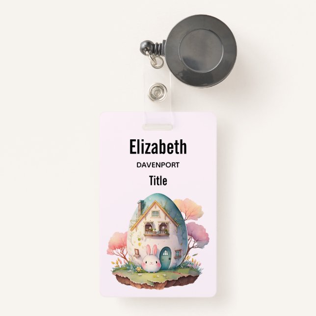 Tarjeta De Identificación Casa con forma de conejo y huevo rosa estilo Kawai (Anverso retráctil)