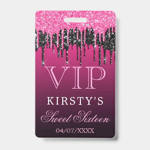 Tarjeta De Identificación Chic Rosa Negro Brillante Glitter Cumpleaños Dieci