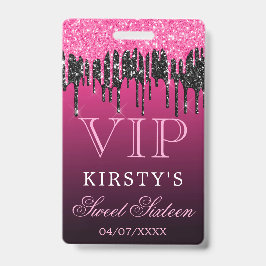 Tarjeta De Identificación Chic Rosa Negro Brillante Glitter Cumpleaños Dieci