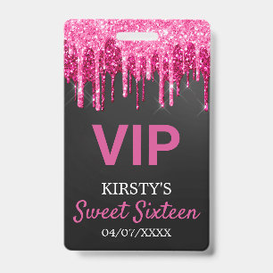 Tarjeta De Identificación Chic Rosa Negro Brillante Glitter Cumpleaños Dieci