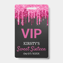 Tarjeta De Identificación Chic Rosa Negro Brillante Glitter Cumpleaños Dieci