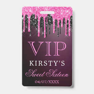Tarjeta De Identificación Chic rosa negro goteo brillo Sweet Sixteen